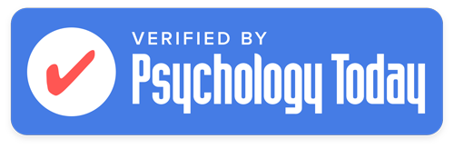 Verified by Psychology Today logo with blue background and red checkmark.
