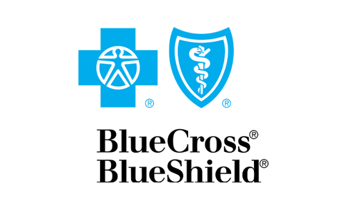 Blue cross and shield logo, blue and white symbols on black background.