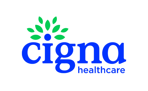 Cigna healthcare logo with blue text and green leaf design.