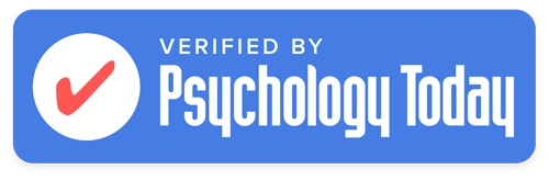 Verified by Psychology Today logo with blue background and red checkmark.